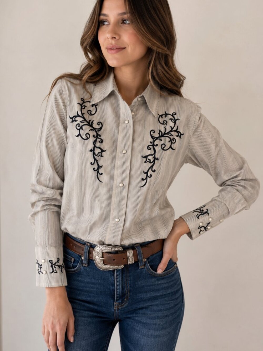 Wrangler Women's Western Embroidered Striped Button-Up Shirt Size S